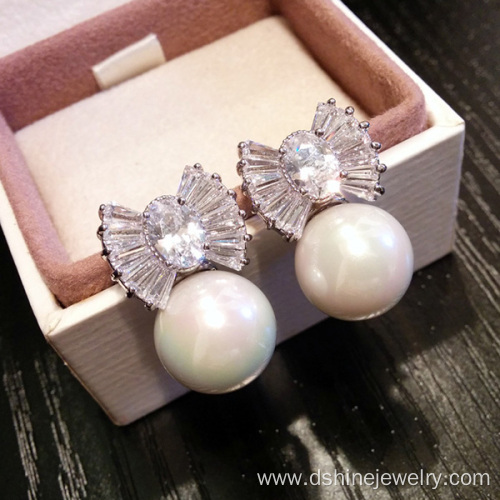 925 Silver Pearl Ear Studs Zircon White Pearl Earrings